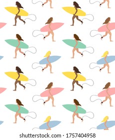 Vector seamless pattern of different colored flat cartoon girl woman running with surf board isolated on white background