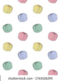 Vector seamless pattern of different colored hand drawn doodle sketch knitting threads isolated on white background