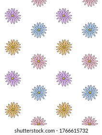 Vector seamless pattern of different colored hand drawn doodle sketch chamomile flower isolated on white background