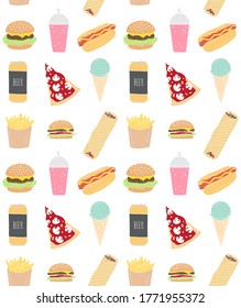 Vector seamless pattern of different colored hand drawn doodle sketch fast food isolated on white background