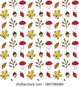 Vector seamless pattern of different colored hand drawn doodle sketch autumn leaves mushroom and acorn isolated on white background