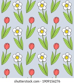 Vector seamless pattern of different colored hand drawn doodle sketch flower isolated on blue background