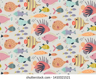 Vector seamless pattern with different colorful exotic fish. Marine life, underwater world, modern design for wrapping, textile, print