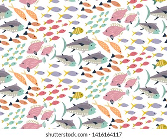 Vector seamless pattern with different colorful exotic fish. Marine life, underwater world, modern design for wrapping, textile, print