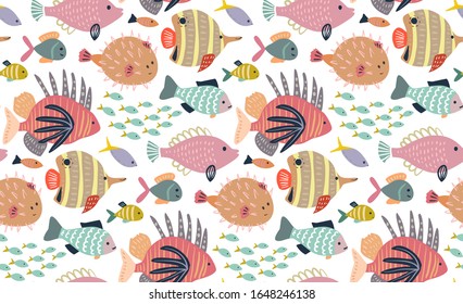 Vector seamless pattern with different colorful exotic fish. Marine life, underwater world, modern design for wrapping, textile, print