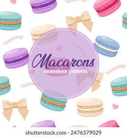 Vector patrón sin fisuras con diferentes macarons coloridos, arcos y letras.