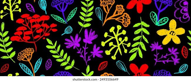 Vector seamless pattern with different  colorful flowers . Hand drawn botanical ink illustration with floral motif. Camomile, peone or daisy painted by brush. Hand drawn black print for fabric,