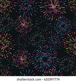 Vector seamless pattern with different colorful fireworks on dark background