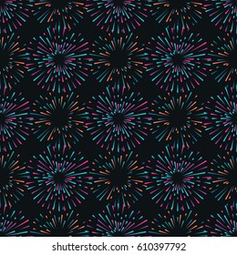 Vector seamless pattern with different colorful fireworks on dark background