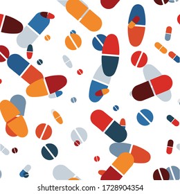 Vector Seamless pattern with different colors pills and drugs on white background for your Healthcare concept project