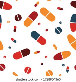 Vector Seamless pattern with different colors pills and drugs on white background for your Healthcare concept project