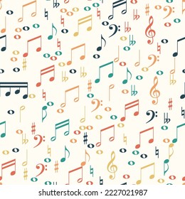 Vector seamless pattern with different colors music notes, wrapping paper design template