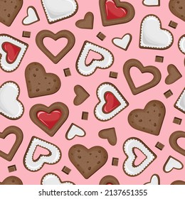 Vector seamless pattern of different cookies in the form of hearts covered with white glaze and red jam and pieces of chocolate isolated on pink background.