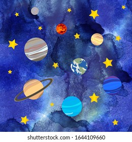 Vector Seamless Pattern with Different Cosmic Elements, Plants and Stars, Watercolor Blue Background, Colorful Illustration.
