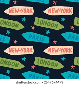 Vetor padrão sem emenda com ponteiro de países diferentes no fundo escuro para impressões de moda, papel de embrulho, design de tecido. Londres, Paris, Nova Iorque. Estilo de tela plana brilhante e elegante.