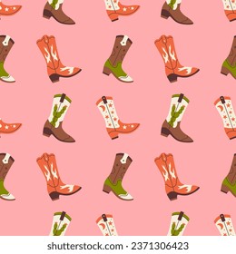 Vector seamless pattern with different cowboy boots. Wild west and Texas concept. Western retro background. Rodeo print.