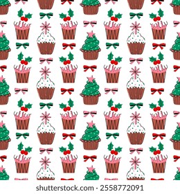 Vector seamless pattern with different cupcakes and bows. Perfect for Holiday and Birthday wrapping paper and textile