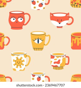 Vector seamless pattern of different cups of tea or coffee. Trendy print with funny mugs with various ornaments. Background with modern drink cups.