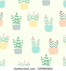 vector seamless pattern with different cute flowers in pots, beautiful theme summer with ornament plant in vase design for print or screen 