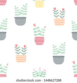 vector seamless pattern with different cute flowers in pots, beautiful theme summer with ornament plant in vase design for print or screen