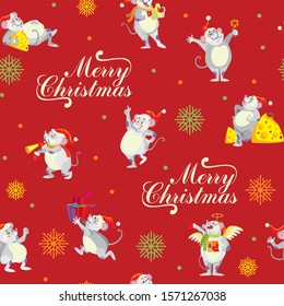 Vector seamless pattern with different cute mouse characters on red background. Vector stock illustration.Winter holiday, Christmas eve concept. For prints, banners, stickers, cards