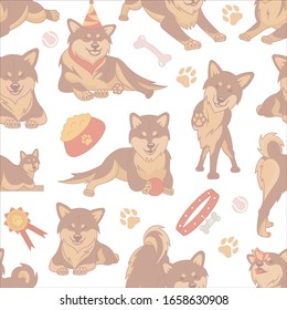 Vector seamless pattern with different cute Shiba inu emoticons. Pastel ornament with funny dogs.