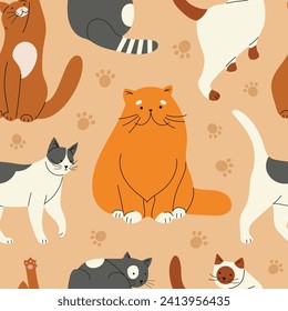 Vector seamless pattern with different cute domestic cats, hand drawn in flat design