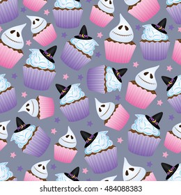 Vector seamless pattern with different cute objects: cupcakes and stars. Good for halloween packing, prints and textile production