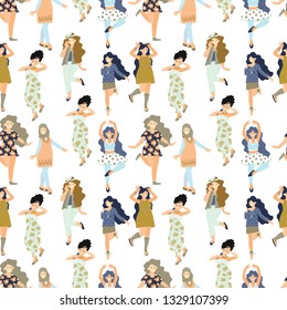 Vector seamless pattern with different dancing women. 8 march. International Women's Day. Vector illustration