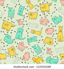 Vector seamless pattern different dog breeds. Funny caricature animals characters and footprints. Background with bones, inscription and heart. Contour set sketch illustration.