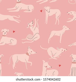 Vector seamless pattern with different Dogs. Playful dogs background. Whippet and Greyhound hand drawn texture.