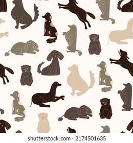 Vector seamless pattern with different dogs drawn in doodle style.