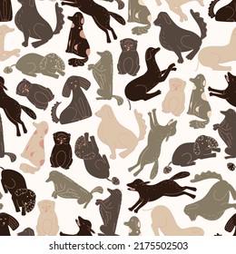 Vector seamless pattern with different dogs drawn in doodle style.
