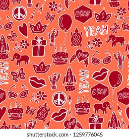 Vector seamless pattern with different doodle elements and words. Peace sign, rocket, cake, gift box, lips, mouth, glasses, turtle, butterfly, crown, elegant, cactus, heart, flower and another shapes.