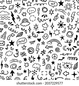 Vector seamless pattern with different doodles, bubbles, stars, clouds, rainbows. Hand drawn design for wallpaper, wrapping, stationery, textile.