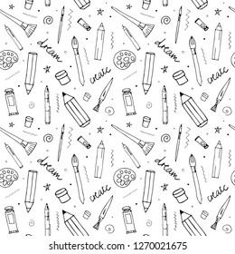 Vector seamless pattern with different drawing tools,  in black color on a white background, great for printing or textile design.Hand drawn,sketch