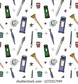 Vector seamless pattern with different drawing tools,  in bright colors on a white background, great for printing or textile design.Hand drawn,sketch