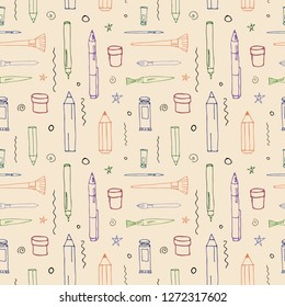 Vector seamless pattern with different drawing tools,  in bright colors on a beige background, great for printing or textile design.Hand drawn,sketch