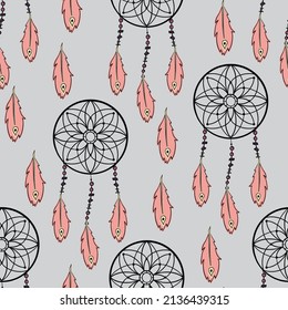 Vector Seamless Pattern with Different Dream Catcher Amulet. Boho sketch for tattoo, poster, print, t-shirt