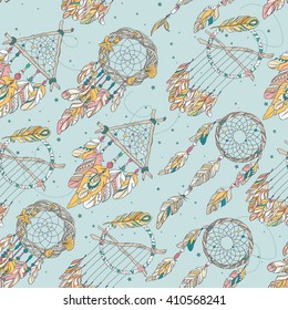 Vector Seamless Pattern with Different Dream Catcher Amulet. 
