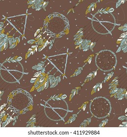 Vector Seamless Pattern with Different Dream Catcher Amulet. Can be used as ornament of textile, dress pattern, case and cover for gadget