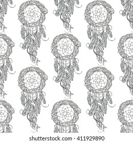Vector Seamless Pattern with Different Dream Catcher Amulet. Can be used as ornament of textile, dress pattern, case and cover for gadget