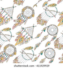 Vector Seamless Pattern with Different Dream Catcher Amulet. Can be used as ornament of textile, dress pattern, case and cover for gadget