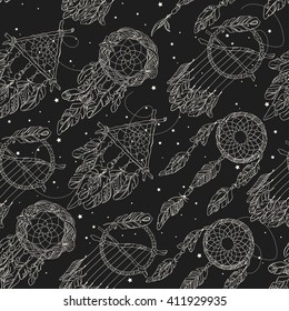 Vector Seamless Pattern with Different Dream Catcher Amulet. Can be used as ornament of textile, dress pattern, case and cover for gadget