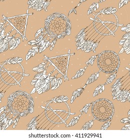 Vector Seamless Pattern with Different Dream Catcher Amulet. Can be used as ornament of textile, dress pattern, case and cover for gadget