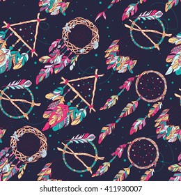 Vector Seamless Pattern with Different Dream Catcher Amulet. Can be used as ornament of textile, dress pattern, case and cover for gadget