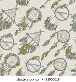 Vector Seamless Pattern with Different Dream Catcher Amulet. Can be used as ornament of textile, dress pattern, case and cover for gadget
