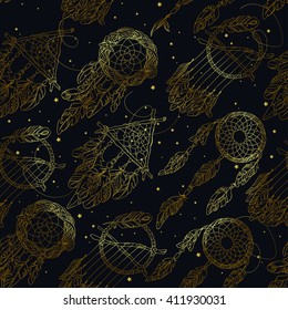 Vector Seamless Pattern with Different Dream Catcher Amulet. Can be used as ornament of textile, dress pattern, case and cover for gadget