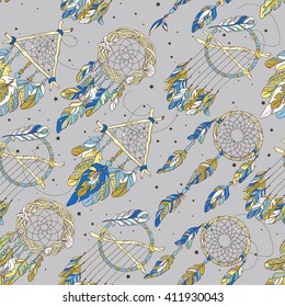 Vector Seamless Pattern with Different Dream Catcher Amulet. Can be used as ornament of textile, dress pattern, case and cover for gadget