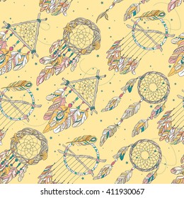Vector Seamless Pattern with Different Dream Catcher Amulet. Can be used as ornament of textile, dress pattern, case and cover for gadget